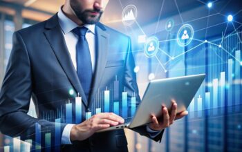 Businessman using laptop with data visualizations and charts.